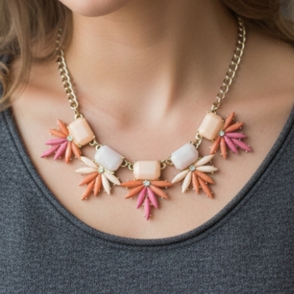 Floral Statement Necklace Pink Coral Orange Rhinestone Bib Spring Preppy